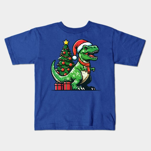 Christmas T-Rex Kids T-Shirt by ArtFactoryAI